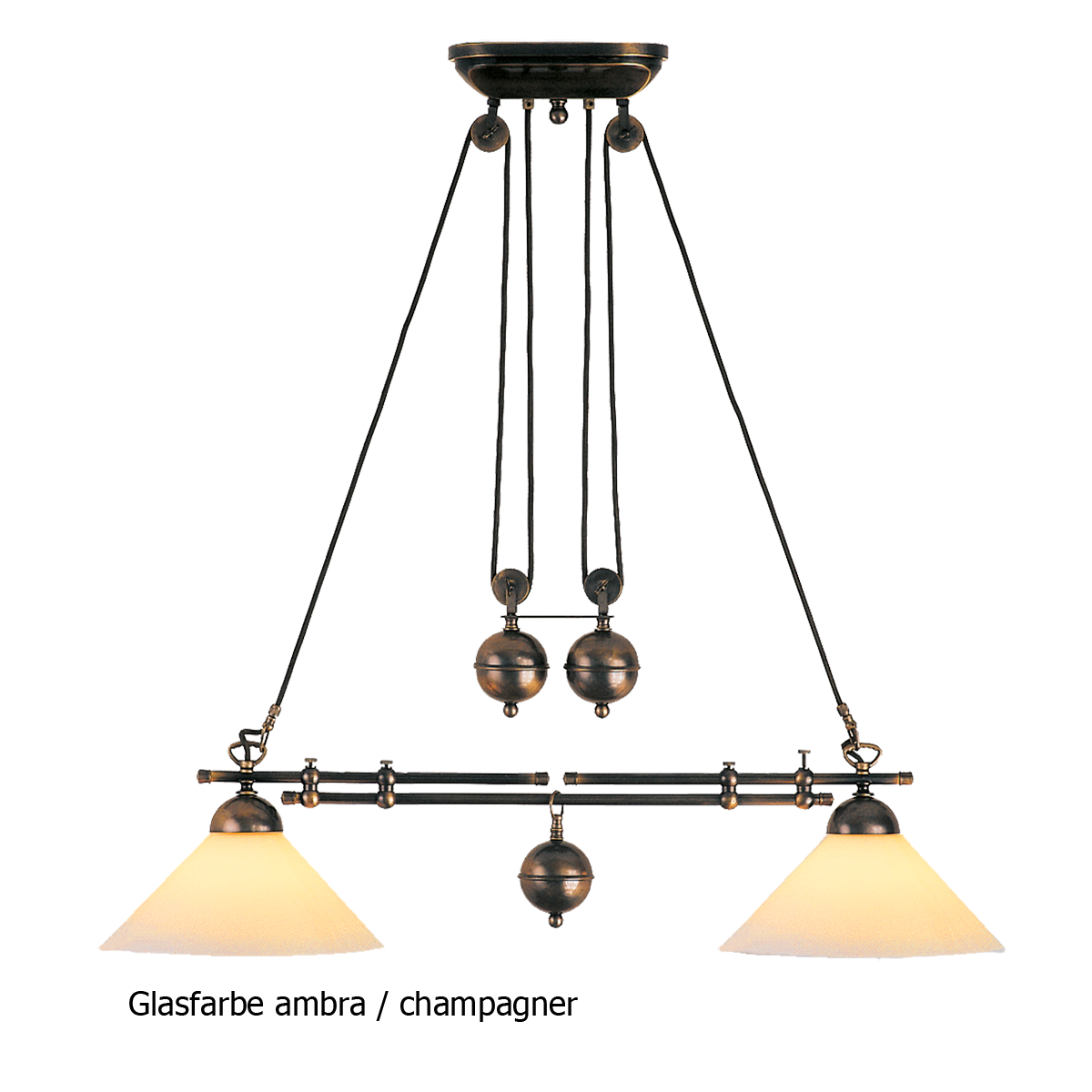 Anno 1900 Zugleuchte Esstisch Hängeleuchte in Messing ist in Höhe und Breite verstellbar Lampenschirm in Opalglas weiss