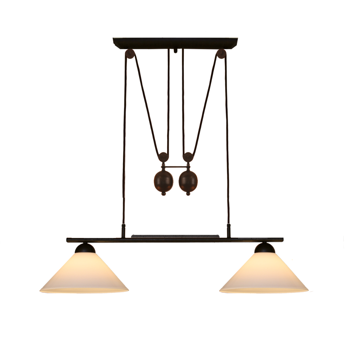 Themen Esstisch Zugleuchte B= 90cm höhenverstellbare Hängeleuchte braun schwarz Lampenschirm Opalglas weiß