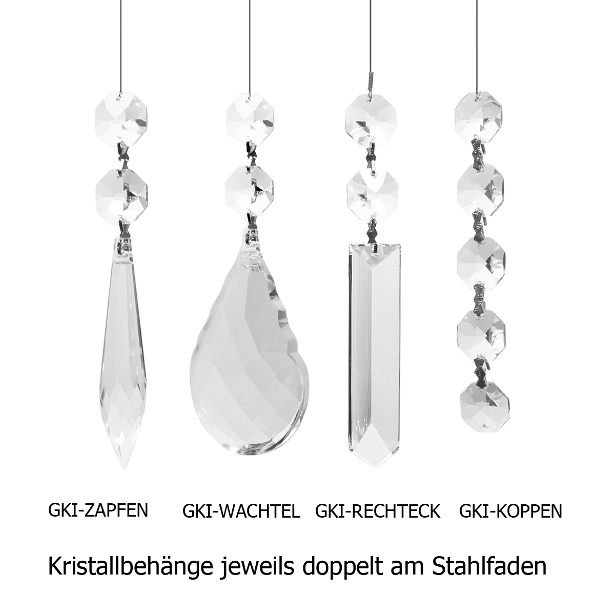 Kristallbehang 4 verschiedene Paare verbunden mit Edelstahl Fäden zum dekorieren  für Kronleuchter oder Balkenleuchten
